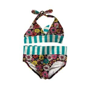 Roxy Girls Floral Striped Halter Bikini Two Piece Swimsuit Teal Multicolor